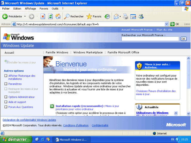 Screenshot of Windows Update Restored v5 running in Internet Explorer 6 SP1 on Windows XP Professional.
